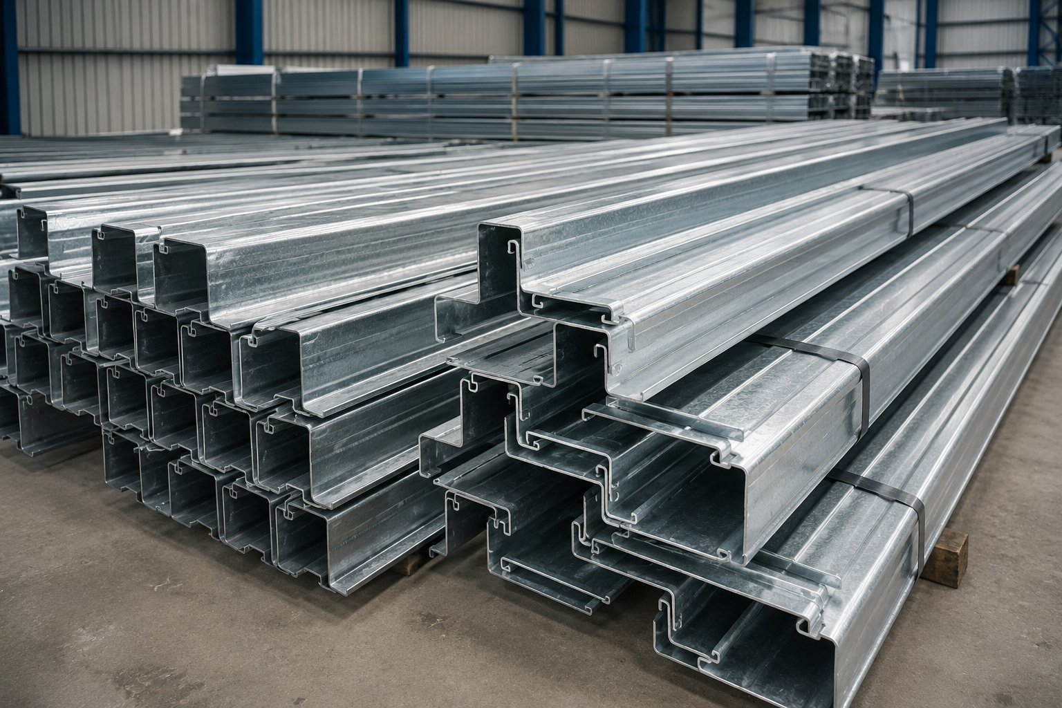 Galvanized steel purlins stacked in warehouse